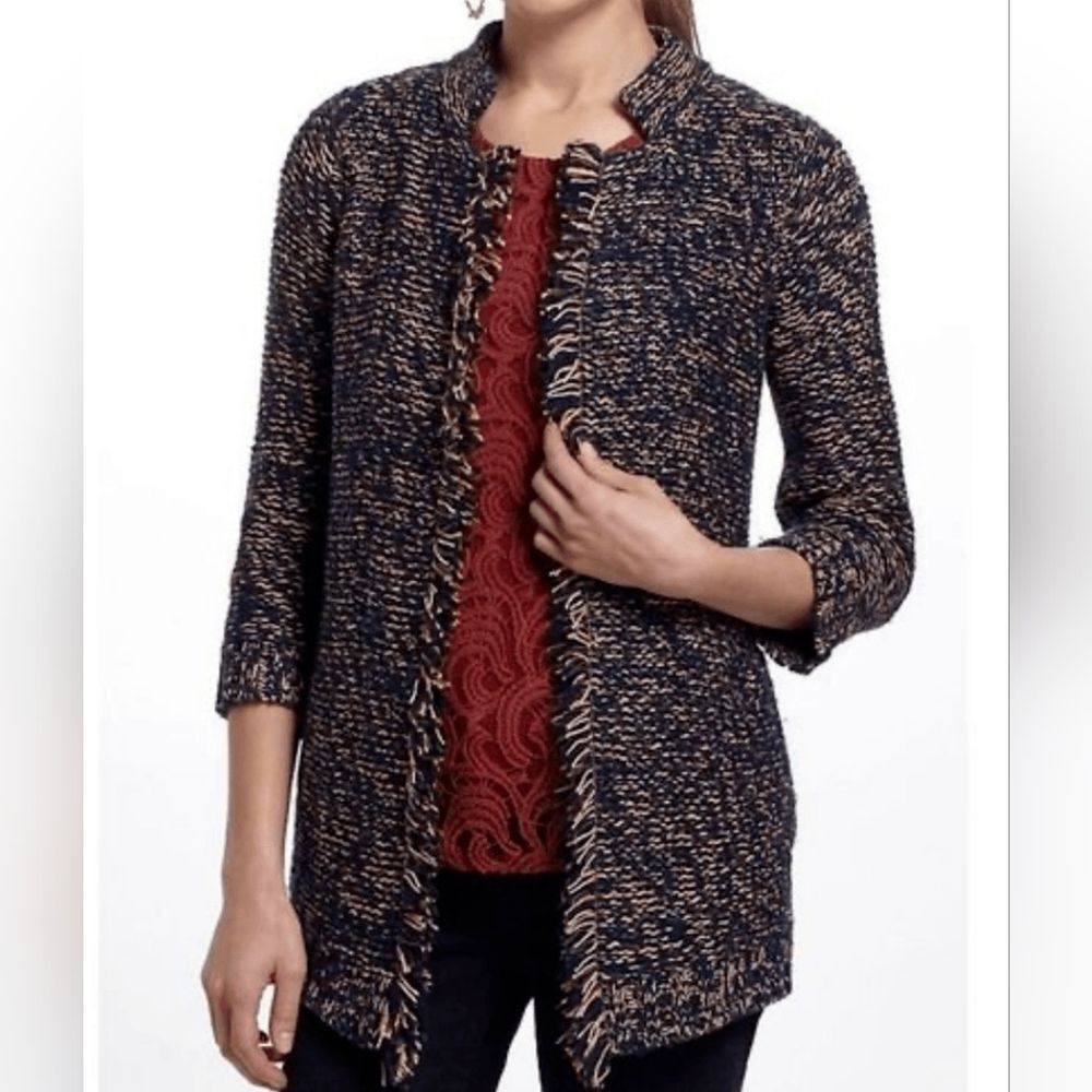 Anthropologie Sparrow Marled Peat Open Fringe Cardigan Wool Blend Size Small